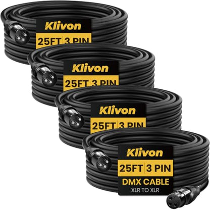 DMX Cable 25ft 4 Pack, Klivon 3-Pin DMX Signal Cables for DMX512 Light - size: 3 Pin 25 FT 4 Pack