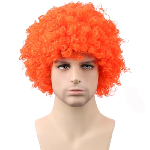 Funny Wigs for Women Men Orange Crazy Clown Wigs Fans Wig Short Afro Curly Costume Wig for Halloween Parties Cosplay Stage Performance Christmas Party Wig(Large Size,Orange) - color: Orange, size: Large Size