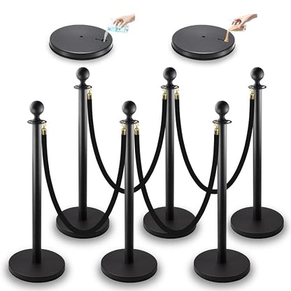 Black Stanchions and Velvet Ropes 6pcs Stainless Steel Posts | 4pcs 5ft Black Velvet Ropes Crowd Control Barriers with Durable Refillable Base for Wedding, Party & Exhibition Events - color: Black, size: 6 PCS