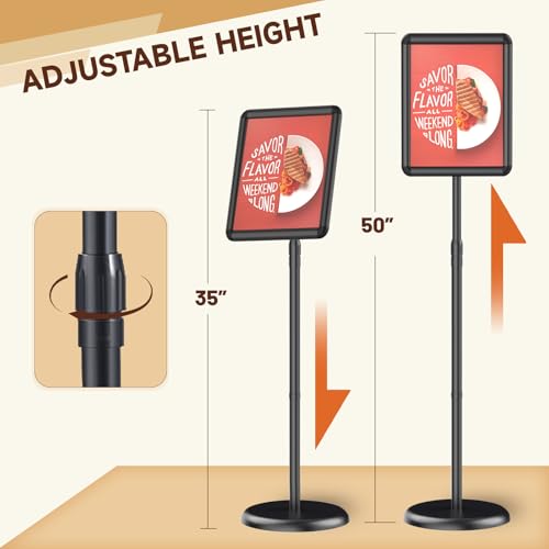 Adjustable Pedestal Floor Stand Sign Holder for 8.5*11 inches Poster or chalk board, Snap open frame,360° Rotation,Outdoor Indoor Standing Display Sign Holders for advertising ,Black | Snap open frame,360°Rotation,Outdoor Indoor Standing Display Sign Hold