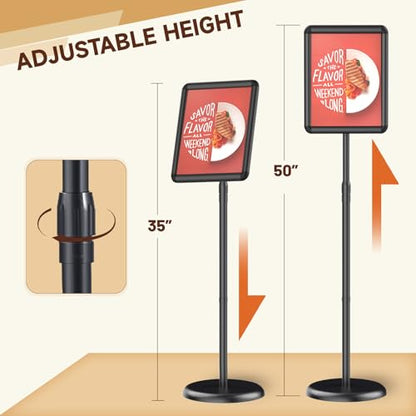 Adjustable Pedestal Floor Stand Sign Holder for 8.5 x 11 inches Poster, Snap open frame, Outdoor Indoor Standing Display Sign Holders. (2 Pack)