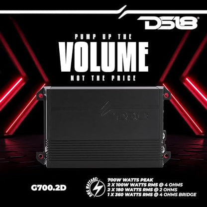 DS18 G700.2D Full-Range Class D 2-Channel Amplifier 700 Watts Max Power 2 Ohm Stable, Bridgeable at 4 Ohm - Low/High Level Inputs - Small and Powerful Car Amplifier for Stereo Sound Systems - style: 700 Watts 2-Channel