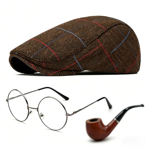 Old Man Grandpa Costume Accessories Kit - 3Pcs Set with Wool Blend Flat Cap, Fake Glasses, and Prop Pipe for Cosplay - color: Brown Set