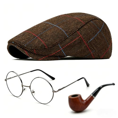 Old Man Grandpa Costume Accessories Kit - 3Pcs Set with Wool Blend Flat Cap, Fake Glasses, and Prop Pipe for Cosplay - color: Brown Set