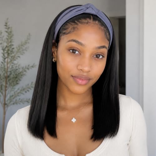 BECUS 16" Straight Headband Wig Black for Black Women - color: A-Straight Black, size: 16 Inch