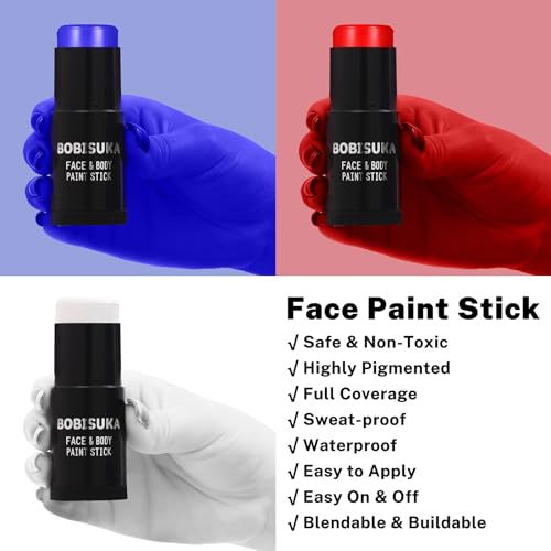 BOBISUKA Red White Blue Face Paint Stick Kit, Eye Black Sticks for Football Baseball Softball Lacrosse American-Flag, Body Paints Makeup Kit for Halloween Cosplay Special Effects Costume SFX - color: Red.Blue,White