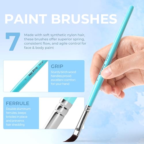Nicpro Face Paint Brush Set, 7PCS Face & Body Painting Brushes | Synthetic Nylon Hair with Aqua Blue Handles, Makeup Paintbrush Kit for Kids, Halloween, Cosplay, School Events & Summer Camp - color: Blue
