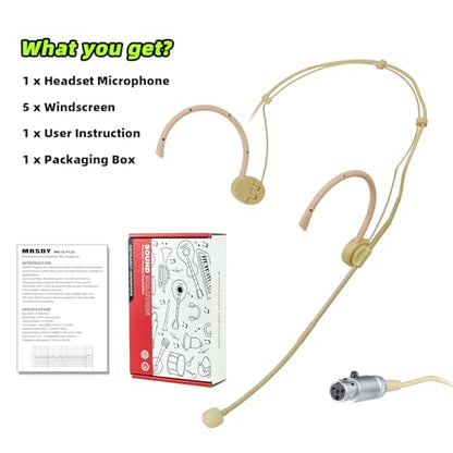 MRSDY Professional Headset Microphone, Compatible with Shure Wireless System, Omnidirectional Condenser Double Over Ear Headworn Mic, 4-Pin Mini XLR, Cable Length 42 Inch (Beige) | Noise Reduction, Clear Sound, Omnidirectional Condenser Double Over Ear He