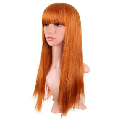 MapofBeauty 24 Inch Long Straight Flat Bangs Party Cosplay Wig,Light Orange | 60 cm Synthetic Hair Wig, Heat Resistant, Women - color: Light Orange