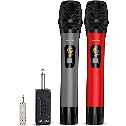 Bietrun UHF Wireless Microphone with 1/4'' Plug Rechargeable Receiver, 160 Feet, Professional Metal Dual Handheld Cordless Dynamic Mic System for Karaoke, Wedding, Singing, DJ, Party, Speech, Church - color: Battery Red and Grey