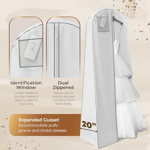 Your Bags 72” Wedding Dress Garment Bag with 20" Gusset & ID Window - Extra Large Bridal Garment Bags for Travel - Breathable, Foldable Dress Bag for Puffy Dresses, Prom & Formal Wear (White/Grey) - color: White & Grey