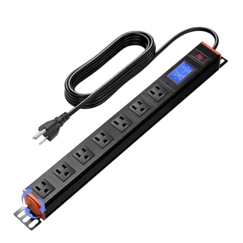19in 1U Metered PDU Rack Mount Power Strip with Display | Rackmount PDU With 7 Outlets,Digital Meter Shows Real-Time Voltage & Current.15A Overload Protection. 30° Rotating Brackets