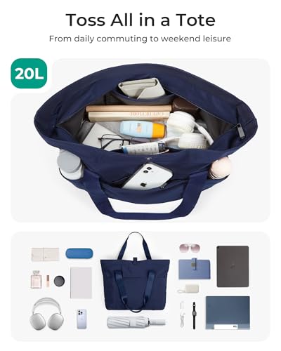BAGSMART Tote Bag for Women, Foldable Tote Bag With Zipper Travel Shoulder Bag Handbag for Work - color: Navy Blue
