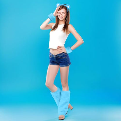 4 Pcs Bear Ears Headband Wrist Leg Wraps for Mardi Gras | Plush Furry Accessories for Costume Party Masquerade, 70s Themed Cosplay, Soft Wrist Cuffs Boot Covers, Easy on Off - color: Blue
