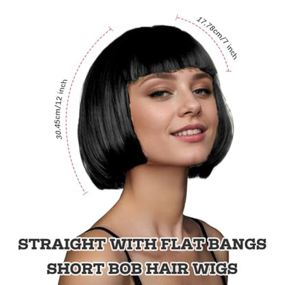 LIULIUBTY Short Bob Hair Wigs Straight with Flat Bangs Synthetic Colorful Cosplay Daily Party Neon Wig for Women + Free Wig Cap 16" Natural As Real - color: Black