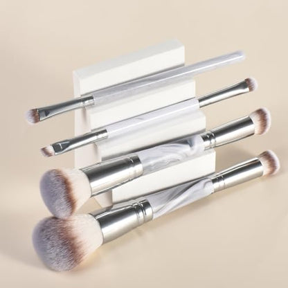Grey Makeup Brushes set, 4 Dual-Ended Brushes, 3 Makeup Sponges & 1 Metal Stand, Professional Complete Cosmetic Brush Set, for Foundation Powder Blush Eyeshadow - style: Grey 8-piece set