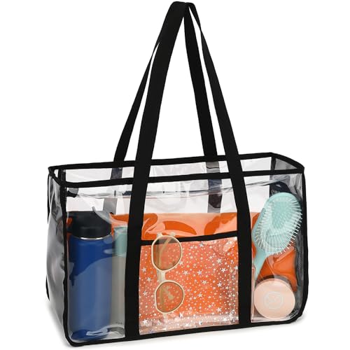 Fammart Clear Beach Bag for Women, Large Pool Tote Cruise Vacation Essentials - Zipper Closure, Waterproof, Sandproof - color: Black