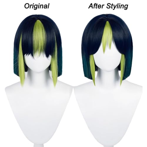 Black Mixed Green Short Cosplay Wig Heat Resistan Synthetic Fiber Hairs for Uniex Adult Halloween Christmas Cos Anime Party Replacement Wigs - color: Black Mixed Green Short