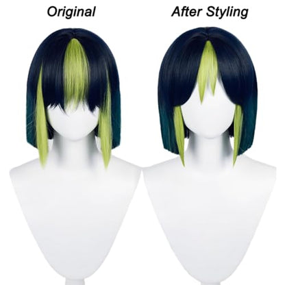 Black Mixed Green Short Cosplay Wig Heat Resistan Synthetic Fiber Hairs for Uniex Adult Halloween Christmas Cos Anime Party Replacement Wigs - color: Black Mixed Green Short