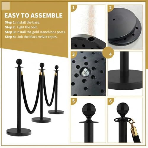12PCS Black Stanchion Post with 8PCS 5ft Velvet Ropes,Black Stainless Steel Stanchion Posts,Queue Line Crowd Control Barrier for Red Carpet, Wedding, Party and Exhibition - color: Black-12PCS