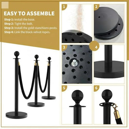 12PCS Black Stanchion Post with 8PCS 5ft Velvet Ropes,Black Stainless Steel Stanchion Posts,Queue Line Crowd Control Barrier for Red Carpet, Wedding, Party and Exhibition - color: Black-12PCS