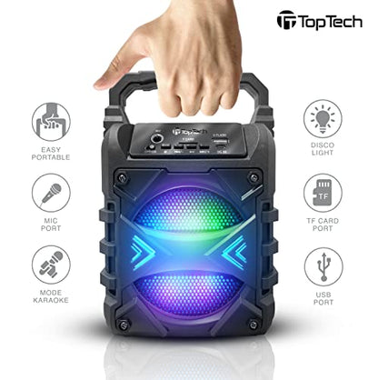 Top Tech Jet-4 Bluetooth Speaker, 400W, 4" Woofer, Rich Bass, 6hr Playtime, Disco Lights, Karaoke Mode, TWS, 100ft Range, USB, TF, Mic Input, Portable Speaker (Black) - color: Black