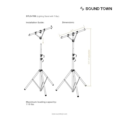 Sound Town DJ Lighting Stand, Height Adjustable, 9 ft Tall, with T-Bar and Tripod Base (STLS-T09) - color: Black, size: 9ft