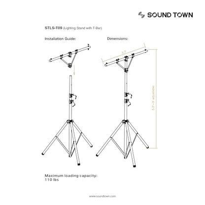 Sound Town DJ Lighting Stand, Height Adjustable, 9 ft Tall, with T-Bar and Tripod Base (STLS-T09) - color: Black, size: 9ft