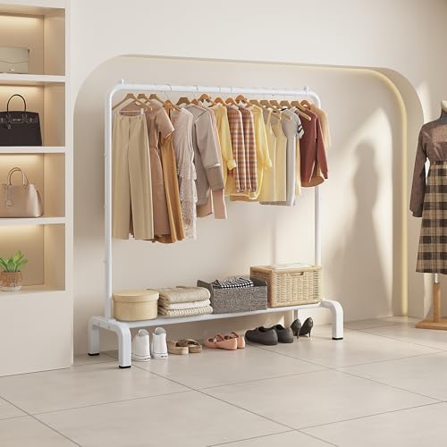 JIUYOTREE Metal Clothing Rack, 43.3 Inches Clothes Garment Coat Rack with Bottom Shelf for Hanging Skirts, Shirts, Sweaters, White | Metal 43.3 Inches Garment Rack Clothing Clothes Rack with Bottom Shelf for Hanging Clothes Coats Skirts Shirts Sweaters Wh