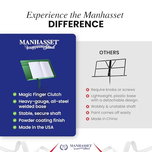 Manhasset Music Stand For Sheet Music - 48 Symphony Model - 4801GRN - Long Lasting, Durable Manhasset Stand - Adjustable Height - 20" by 12 | Long Lasting Durable Manhasset Stand, Adjustable Height, 20" x 12" Desk, Classroom, Orchestra and Band Use - colo