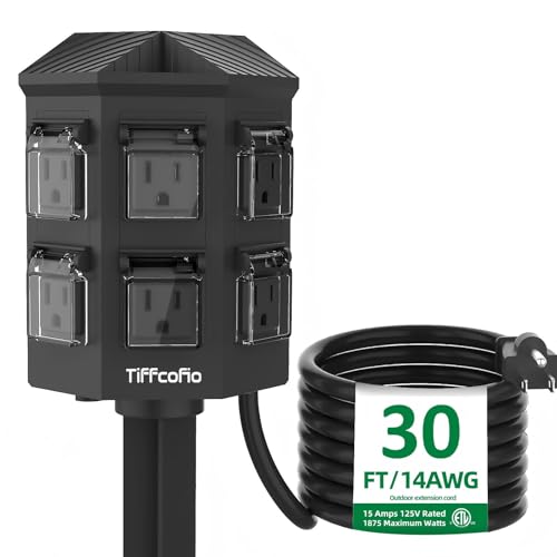 TiFFCOFiO Outdoor Power Strip with Stake, 30 FT Extension Cord Waterproof, 6 Grounded Outlets for Outdoor Lights, 14 AWG, 15A/1875W, ETL Listed - size: 30 FT