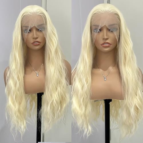 RONGDUOYI Blonde Wig Synthetic Lace Front Wigs Free Part #613 Blonde Loose Curly Wig Heat Resistant Natural Hairline Fiber Hair Glueless Lace Wigs for Women Daily Wear Cosplay Wig 24Inches - color: Blonde-#613