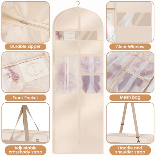 Upgraded Version 65" Wedding Dress Garment Bag Dress Bags for Gowns Bridal Dress Travel Bag with 12”Gusseted and Accessory Pockets for Wedding Dress, Puffy Gowns, Equipped with Shoulder Straps - size: 24 X 65 inch