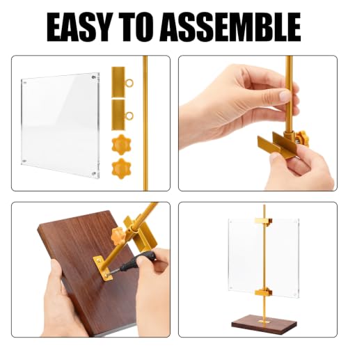 RattanView Adjustable Tabletop Easel Stand with Clear Acrylic Floating Photo Frame Set 16.5" Metal Picture Easel Display Stand for Picture, Art, Photos, Poster, Signs(Gold,Wooden Base) - color: Gold