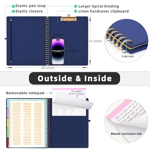 Ospelelf Bule Foldable Spiral Clipboard Folio with Storage Zipper Pouch, 5 Plastic Folders with 10 Pockets, Refillable Lined Notepad (11" x 8.5"), Linen Hardcover Project Organizer - color: Blue
