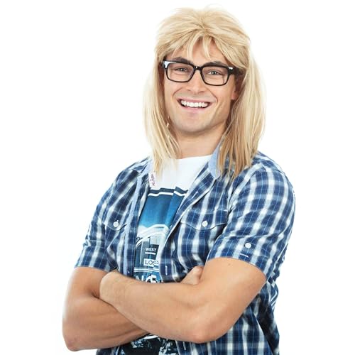 ALLAURA Compatible with Garth Wig – Blonde Mullet Wig + Black Glasses for Men – 80s 90s Rocker, Punk, Heavy Metal Costume – Funny Halloween Couples Outfit, Party Cosplay, Garth & Wayne Duo Look - color: 10-Blonde