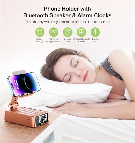Gifts for Women Girls, Phone Stand with Bluetooth Speaker 360°Rotable Angle | Phone Holder for Desk/ HD Subwoofer Sound/ Fits Smart Phones/Alarm Clocks - color: Rose Gold