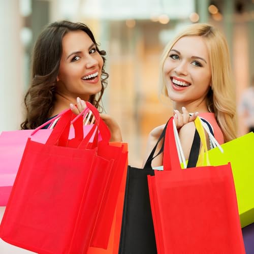 Jexine 72 Pcs Non Woven Tote Bags Bulk, Reusable Large Gift Bags with Handles, Grocery Bag for Party Favors, 14 x 10 Inch - color: Red