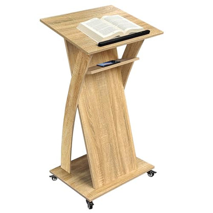 Wooden Podium Stand with Lockable Wheels, Mobile Lectern Pulpit with Storage Shelf for Church, Classroom, Office, and Conference Room - color: Natural Oak