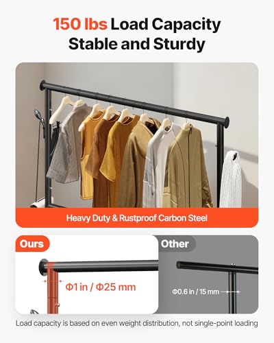 VEVOR Clothes Rack, Rolling Clothing Garment Rack with Adjustable Crossbar and Side Hooks, 150 lbs Load Capacity, Heavy Duty Carbon Steel Clothing Racks with Wheels for Bedroom, Laundry, Living Room