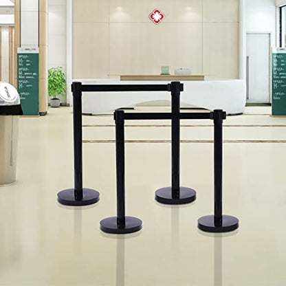4pcs Heavy Duty Crowd Control Stanchion, Stanchion Post with 6.5 Foot Retractable Belt, Stainless Steel Black Stanchions Set Retractable Barrier Belt, 2.9 Ft Tall