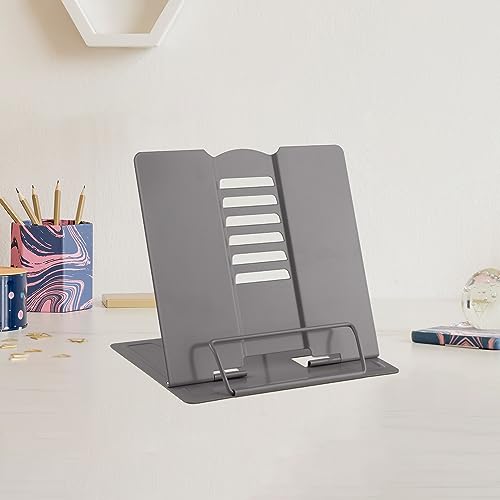 MSDADA Small Desk Book Stand Metal Reading Rest Book Holder | Adjustable Cookbook Documents Holder Portable Sturdy Bookstands for Recipes Textbooks Tablet Music Books(Grey) - color: Grey