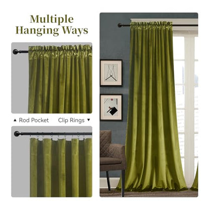 Roslynwood Velvet Olive Green Curtain 63 inch Long - Curtains Block Light Rod Pocket Thermal Insulated Window Drapes Set for Living Room/Bedroom/Dining Room, W52 x L63, 2 Panels - color: Olive Green, size: 52"W x 63"L (Pack of 2)