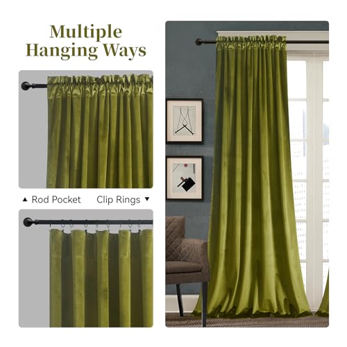 Roslynwood Velvet Olive Green Curtain 63 inch Long - Curtains Block Light Rod Pocket Thermal Insulated Window Drapes Set for Living Room/Bedroom/Dining Room, W52 x L63, 2 Panels - color: Olive Green, size: 52"W x 63"L (Pack of 2)