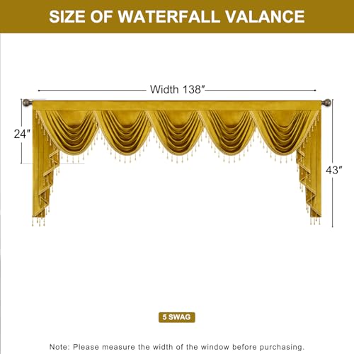 Stately Yellow Velvet Valance 138" Wide, Waterfall Swag with Intricate Beaded Trim, Luxurious Curtains for Wedding Venues, Events & Open Concept Spaces - color: Gold, size: 138"W x 43"L (Pack of 1)