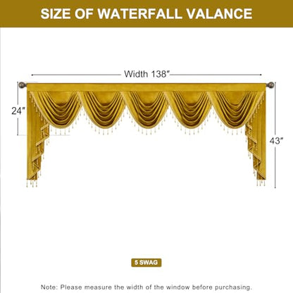 Stately Yellow Velvet Valance 138" Wide, Waterfall Swag with Intricate Beaded Trim, Luxurious Curtains for Wedding Venues, Events & Open Concept Spaces - color: Gold, size: 138"W x 43"L (Pack of 1)
