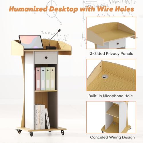 Portable Podium Stand with Metal Wheels, Rolling Podium with Drawer and Adjustable Shelf, Mobile Pulpit for Church, Wooden Lectern for Classroom Office Restaurant Conference (Oak White) - color: Oak+white
