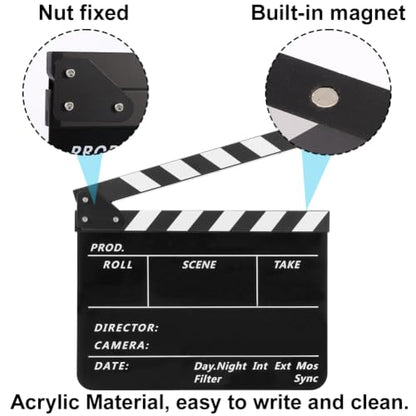 Film Slate Clapper Board, Acrylic Black Movie Directors Clapboard | 9.6 x 11.7 In Movie Clapboard Cut Action Scene Prop for Photography and Video Shooting, Comes with Magnetic Eraser and 2 Pens