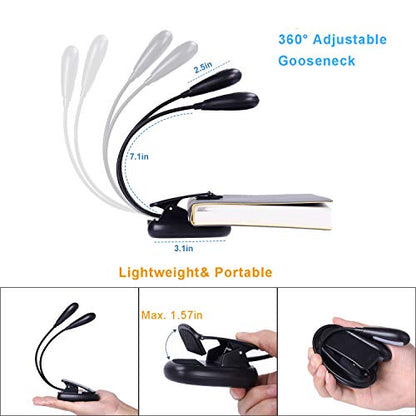 Rechargeable Music Stand Light, Clip on Reading Light, 8 LED Book Lamp, 3-Level Brightness for Eye Protection, Perfect for Piano, Orchestra, Bookworms, Craft (White & Warm, Dual Arm)