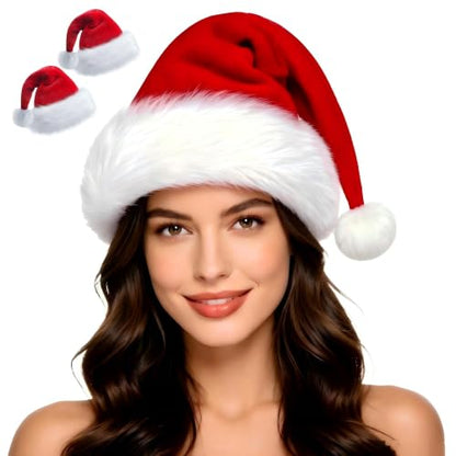 Christmas Hat for Adults/Kids/Baby, Santa Hats Unisex, Red Velvet Thicken Holiday Xmas Hat for Festive New Year Party - color: Red - 2 Pack